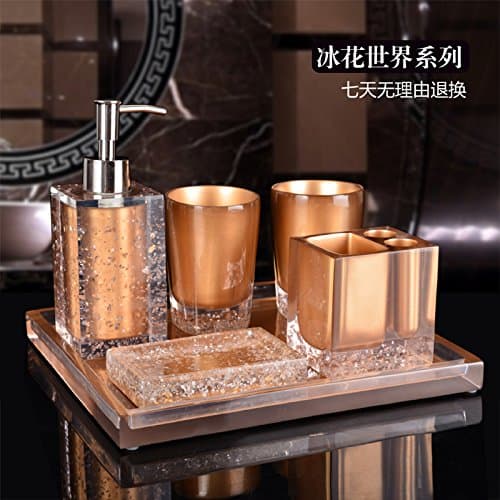 YUSHI Bath set 5 Piece Kit Continental resin bathroom Bluetooth creative vanity kit Tray Bathroom Accessories ,Gold 6 piece (small)