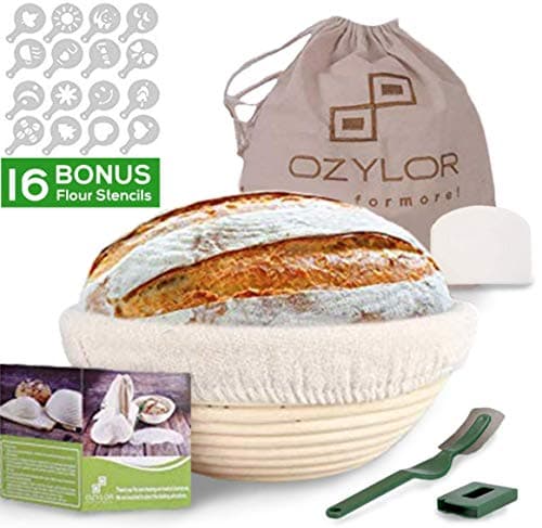 10inch Banneton Proofing Basket Set – Complete Bakers Kit of Round Bread Basket with Liner, Dough Scraper, 16 Flour Stencils, Bread Liner, Storage Bag - Bread Lame for Artisan Bakers and Home Use
