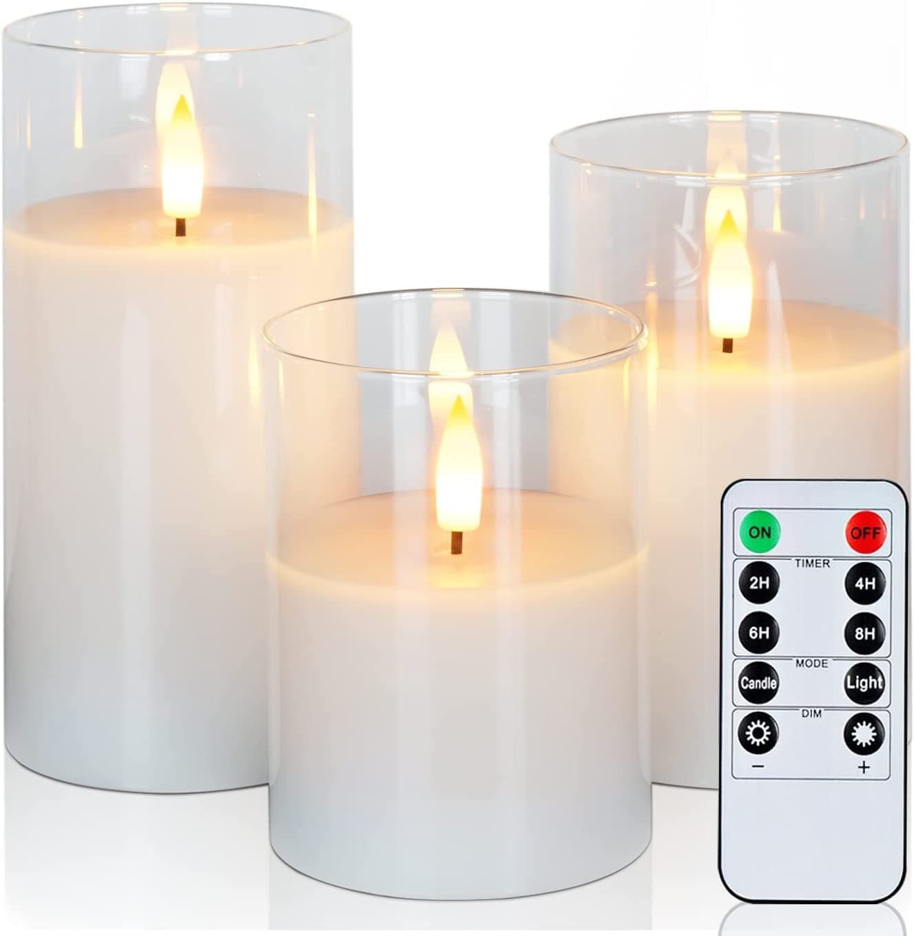 Pure White Flickering Flameless Candles, Glass LED Pillar Candles with Remote Control and Timer, Moving Flame, Wax, Set of 3, D3"H4"5"6"