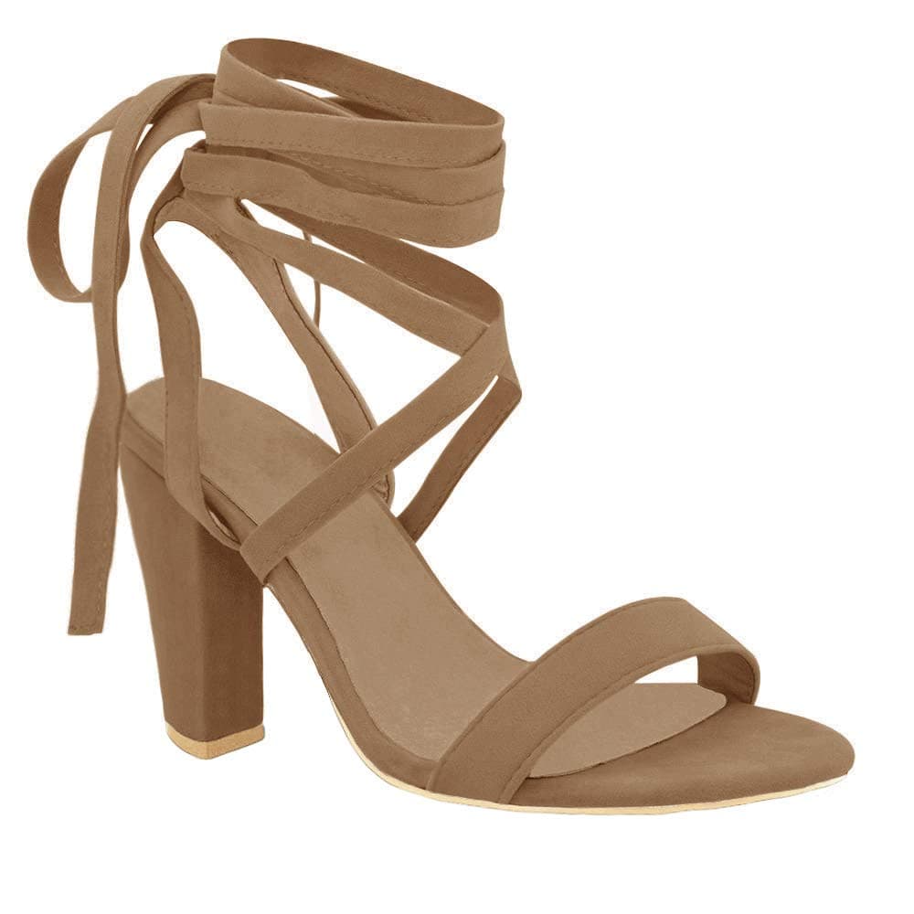 Bbalizko Womens Lace Up Faux Suede High Heeled Strappy Sandals Shoes Brown