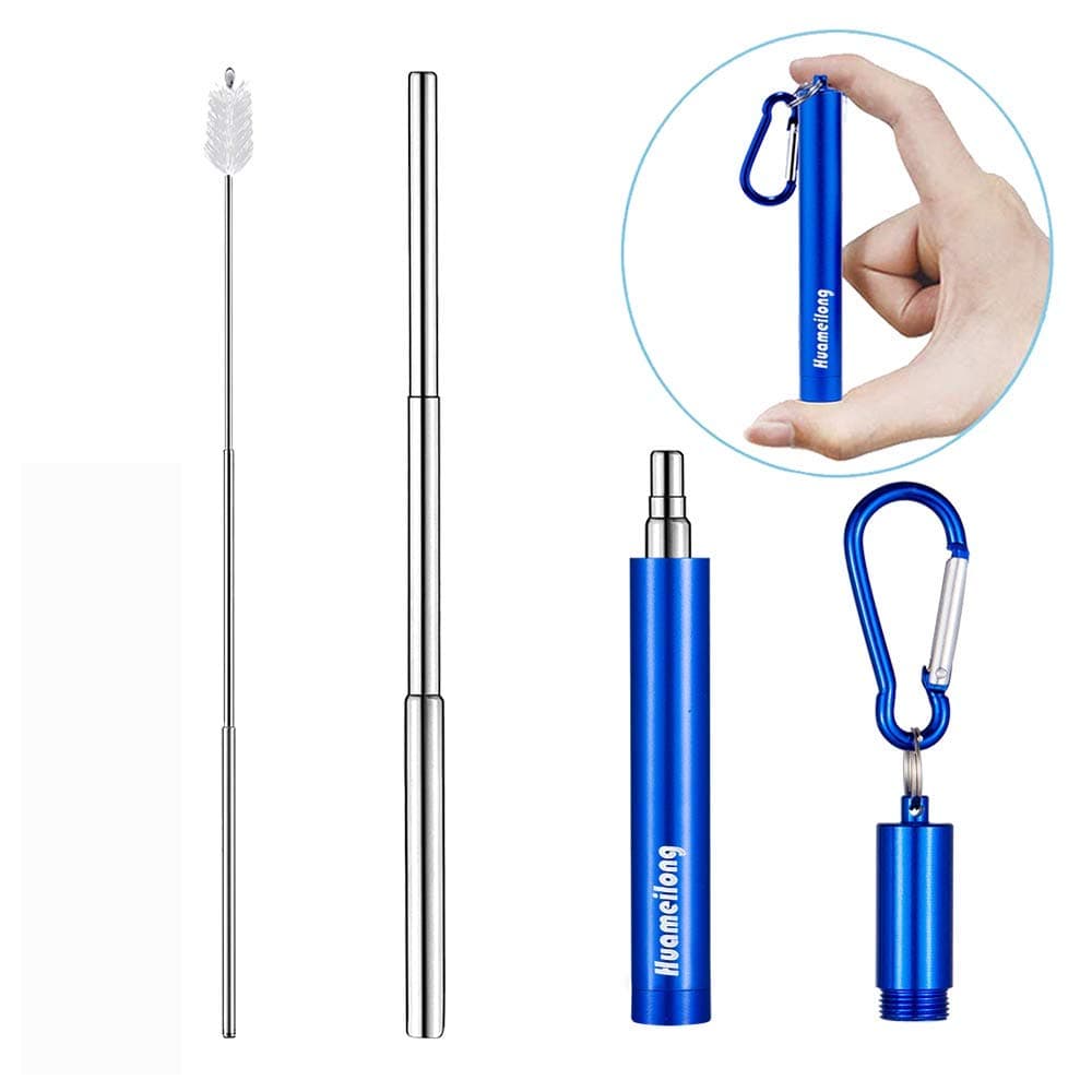 [Updated] Portable Collapsible Reusable Straws - Telescopic Stainless Steel Metal Travel Straw Drinking with Case, Cleaning Brush and Keychain, by Huameilong, Blue