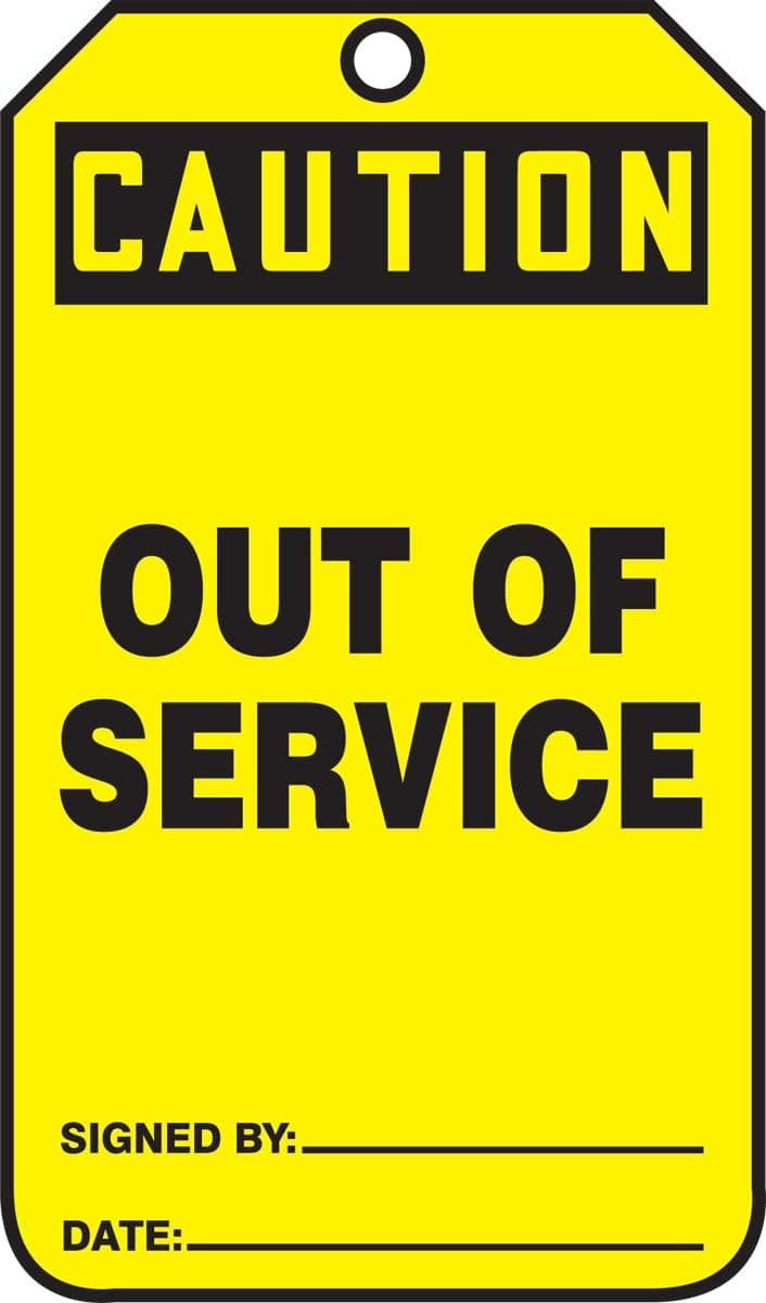 Accuform Signs MDT641CTP Safety Tag, Legend "Caution Out of Service", 5.75" Length x 3.25" Width x 0.010" Thickness, PF-Cardstock, Black on Yellow (Pack of 25)