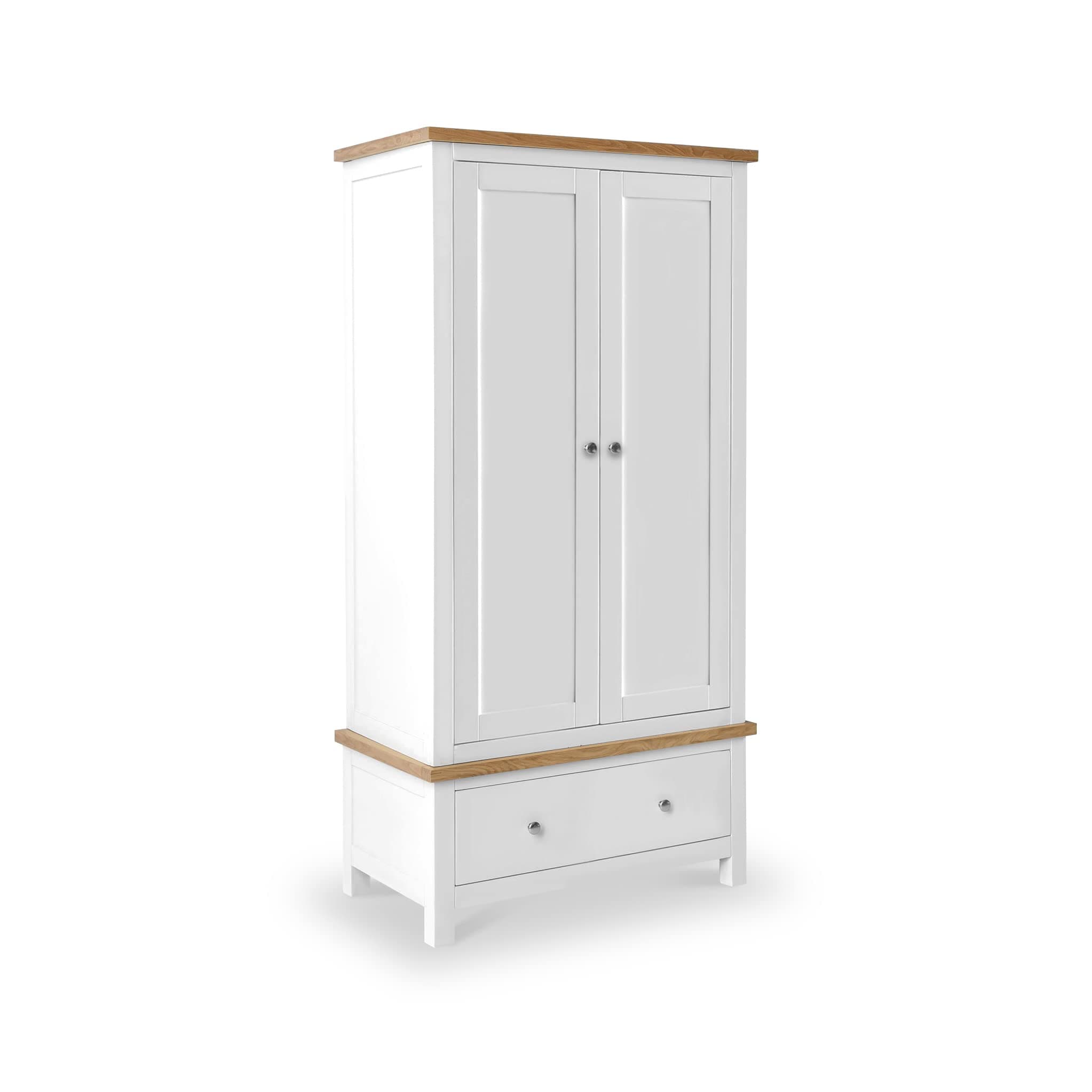Farro White Double Wardrobe with Storage Drawer & Oak Top | Roseland Furniture Contemporary Painted Solid Wooden 2 Door Gents Closet Unit for Bedroom with Hanging Rail