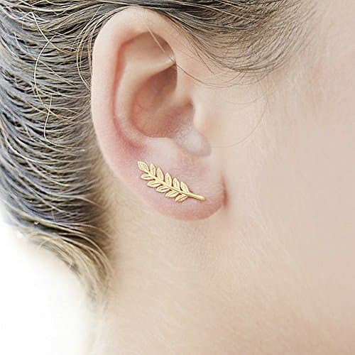 Gold Olive Leaf Ear Climber Simple Minimal Ear Crawler Stud Earring for Women Rivertree