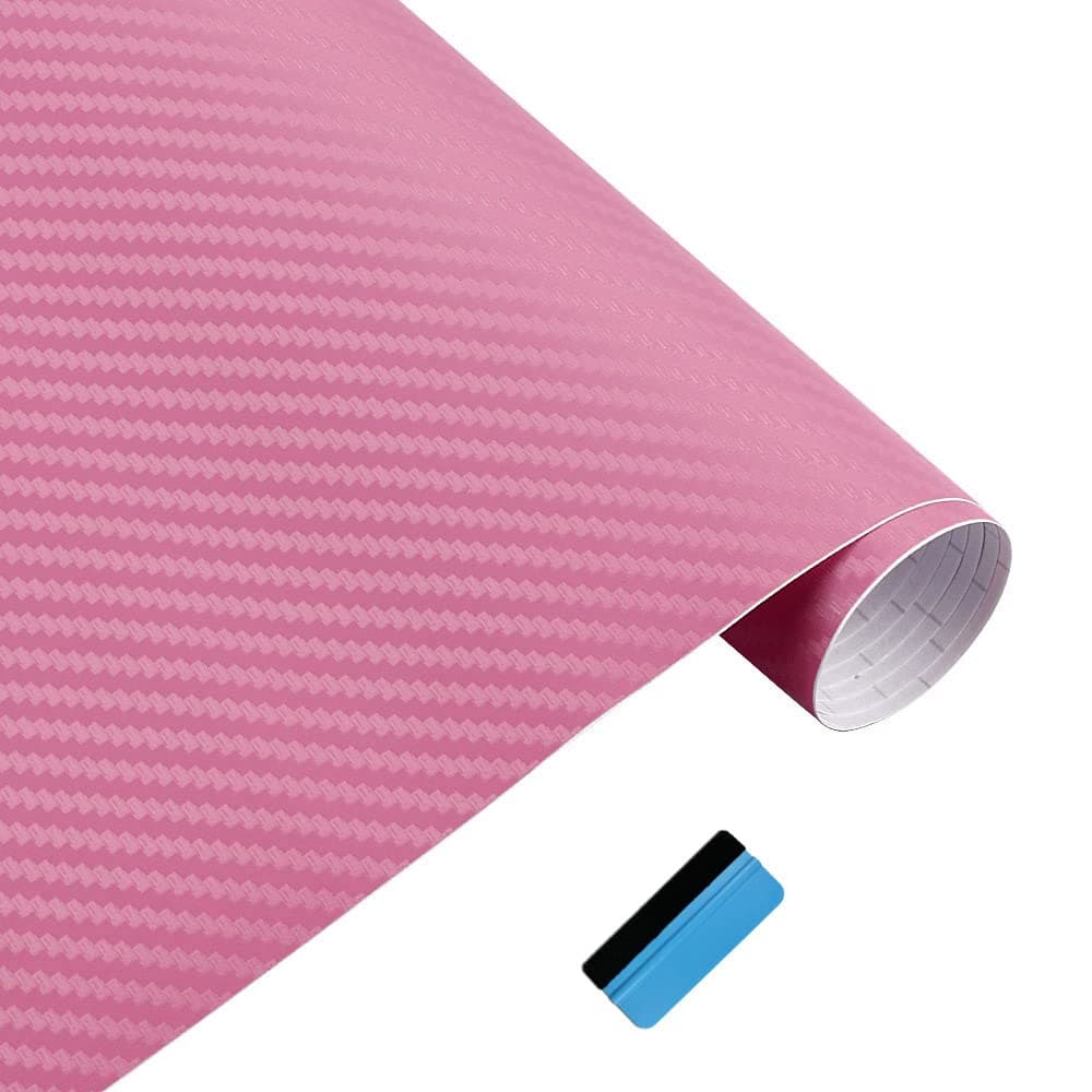 3D Carbon Fiber Vinyl Wrap Roll with Air Release Bubble Free Adhesive Film Contain Installation Tools (Pink, 30cm x 150cm)
