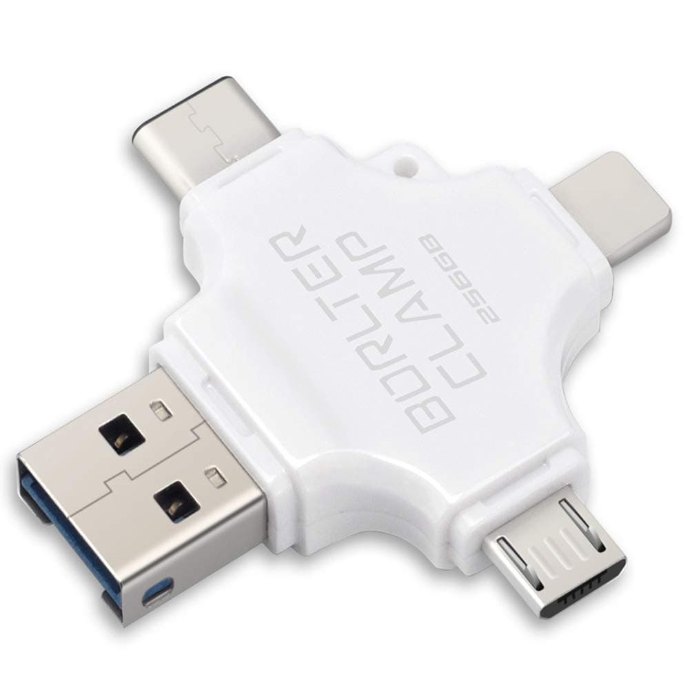 BorlterClamp 256GB USB Flash Drive Memory Stick 4 in 1, Micro USB / Type C / USB 3.0 Thumb Drives Photo Sticks Compatible with iPhone Android Smartphones Tablets, PC
