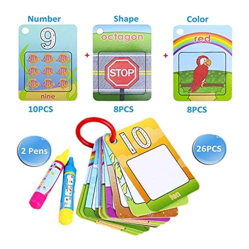 mieeter Aqua Doodle Flash Card Math Educational Toys Games Numbers, Colors, Shapes Learn Water Drawing Cards, 2 Magic Pens