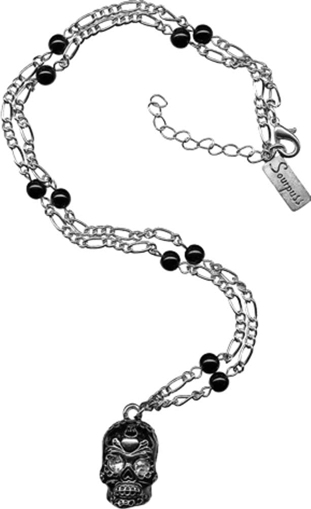 SourpussSilver Sugar Skull Pendant with Clear Rhinestone Eyes on Silver Colored Chain with Black Beads from Clothing