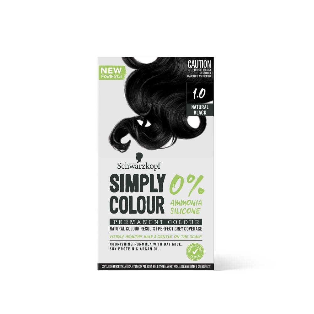 Schwarzkopf Simply Color Permanent Hair Colour, 0% Ammonia & Silicone for Natural Color Results, Dermatologist Tested hair colour with PPD & PTD Free formulation, 1.00 Jet Black, 142.5ml