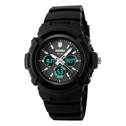 Mens Boys Unique Analog Quartz Dual Time Electronic Digital Sport Wrist Watch Outdoor Military Waterproof Calendar Month Date Day Backlight 2 Timezone Alarm Stopwatch 30M 3ATM Water Resistant - Black