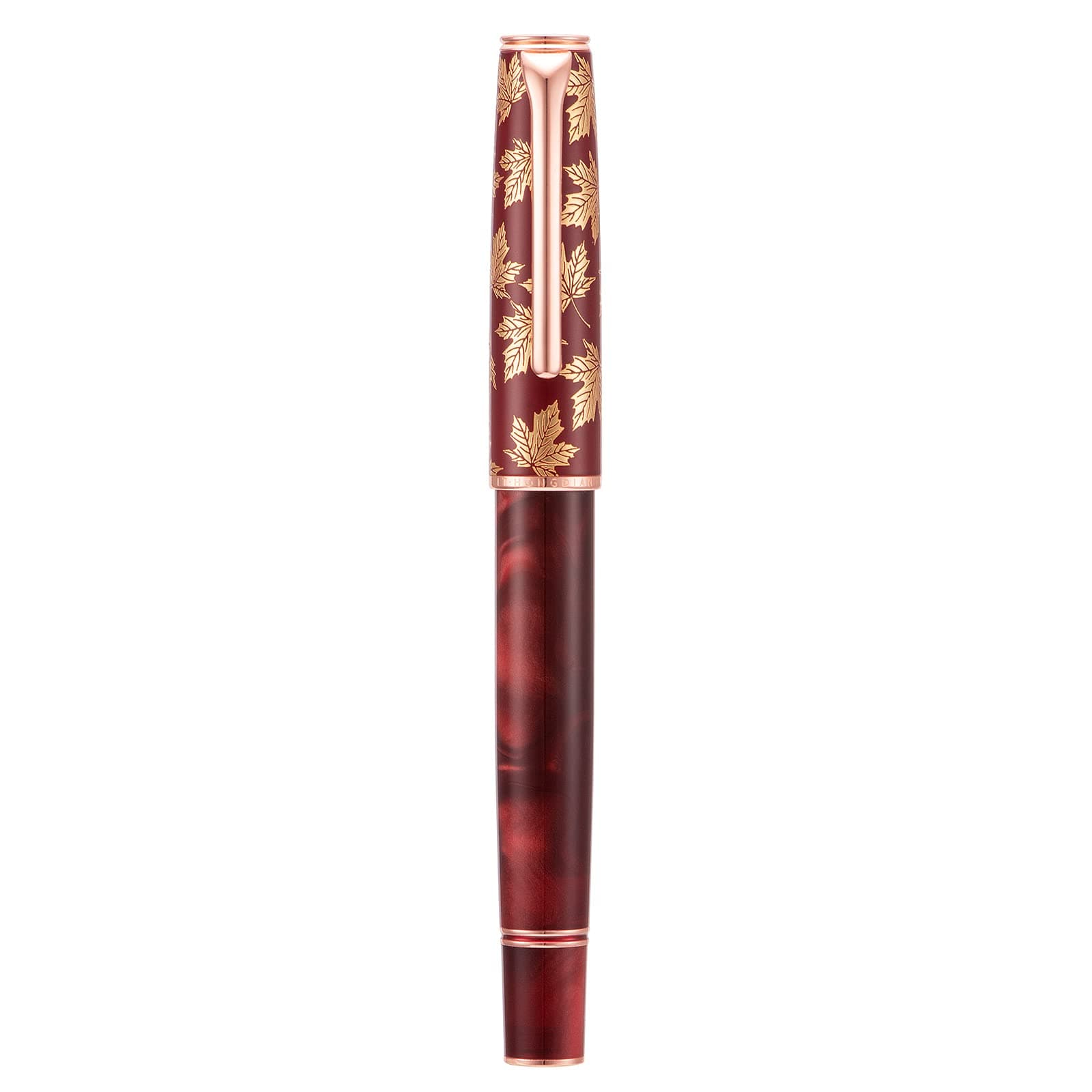 N8 Red Acrylic Fountain Pen, Long Blade Fine Nib Rose Gold Trim Maple Leaves Carving Cap, Smooth Writing Pen with Converter and Metal Pen Box Set