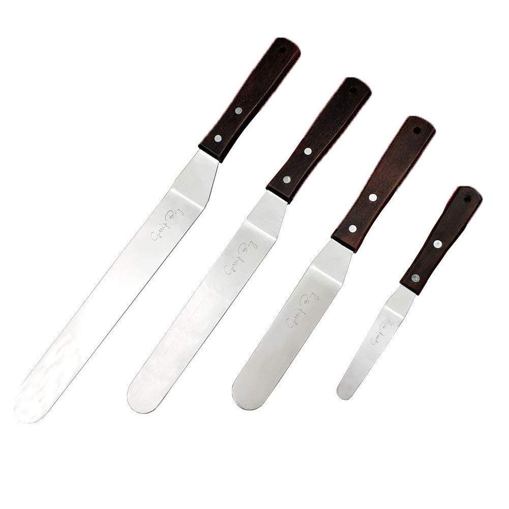 GossipyBoy Offset Cake Icing Spatula Set of 4 Professional Stainless Steel Cake Angled/Cranked Spatulas/ Cake Knife (3.7"-5.7"-7.7"-9.6" Flexible Resistant Blade) with Wooden Handle For Baking and Cake Decorating Sup