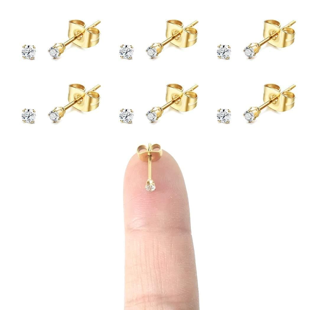 6 Pairs 14K Gold Plated 316L Surgical Steel Cartilage Piercing Tiny Stud Earrings 20G, Style Ball - Pearl - Cubic Zirconia - Disc, Color Gold - Silver - Rose Gold - Black, Diameter 1mm to 3mm…