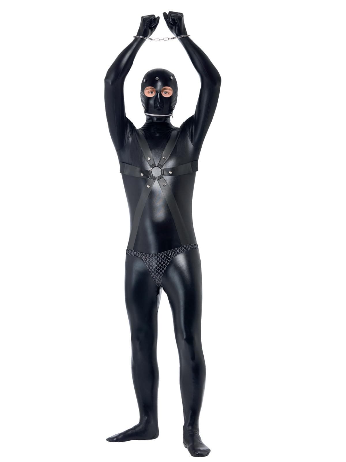 Smiffys Gimp Costume, Black Bodysuit with Straps and Chainmail Pants, Funny Fancy Dress, Adult Dress Up Costumes