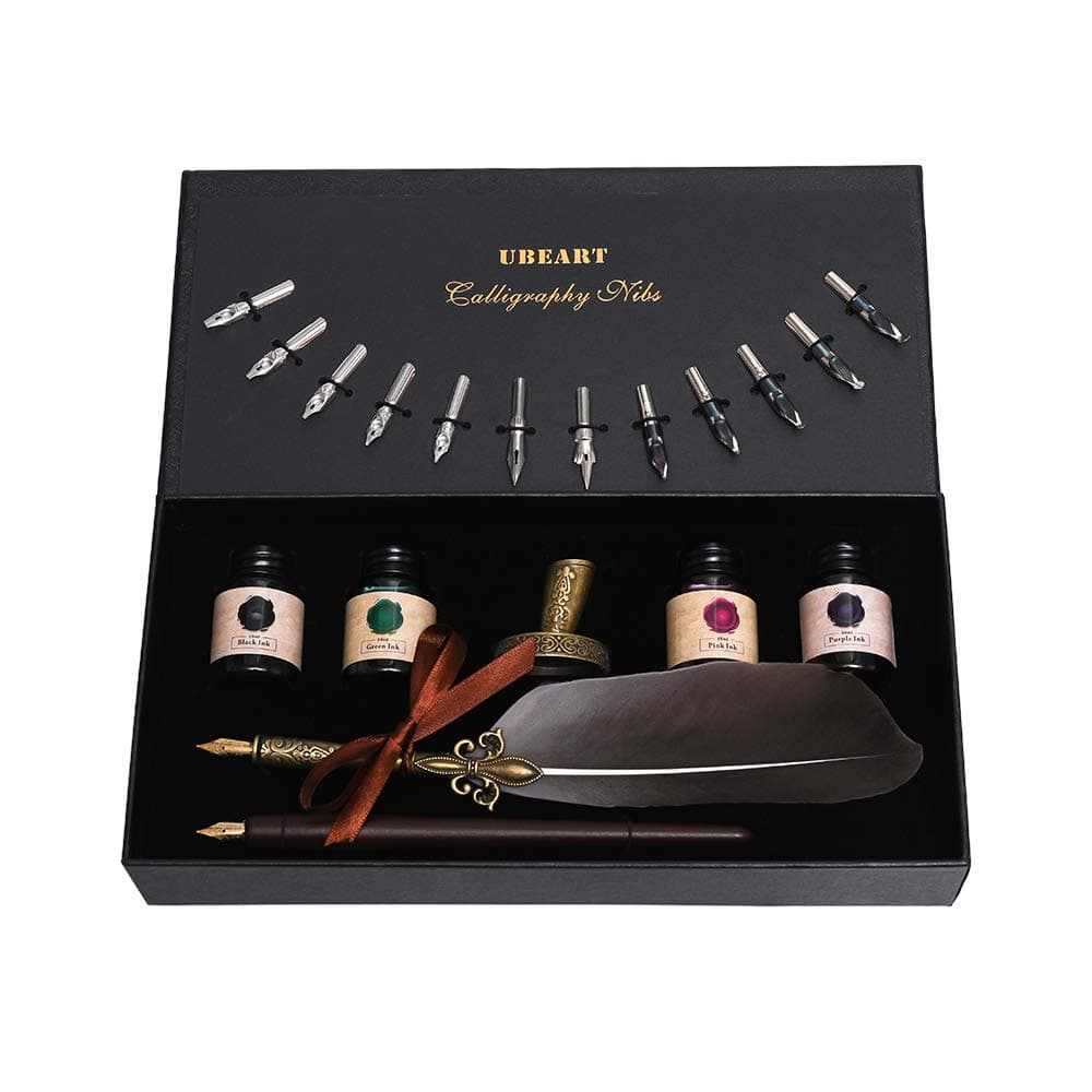 Calligraphy Set Include Antique Feather Pen,Handcraft Wooden Pen,14 Nibs,4 Bottles Inks, Pen Holder and Calligraphy Instruction, Quill Ink Set Gift for Beginners Birthday