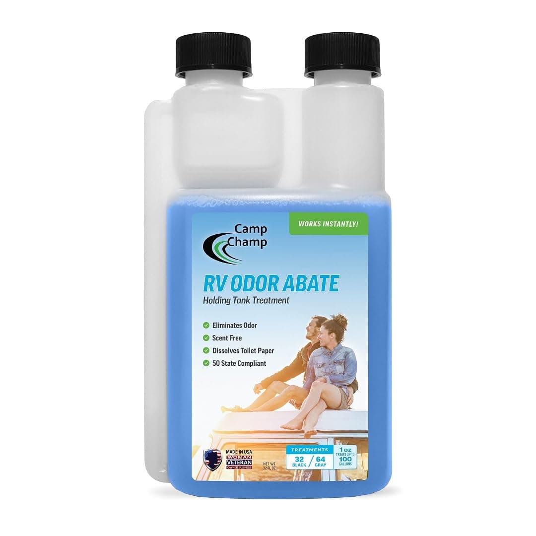 Camp Champ RV Odor Abate -32Oz. | Eliminates Odor, NO Masking | Dual-Action Technology for Both Gray & Black Holding Tanks | 1 Ounce for Black Water & 1/2 Ounce for Gray Water (1 Pack)