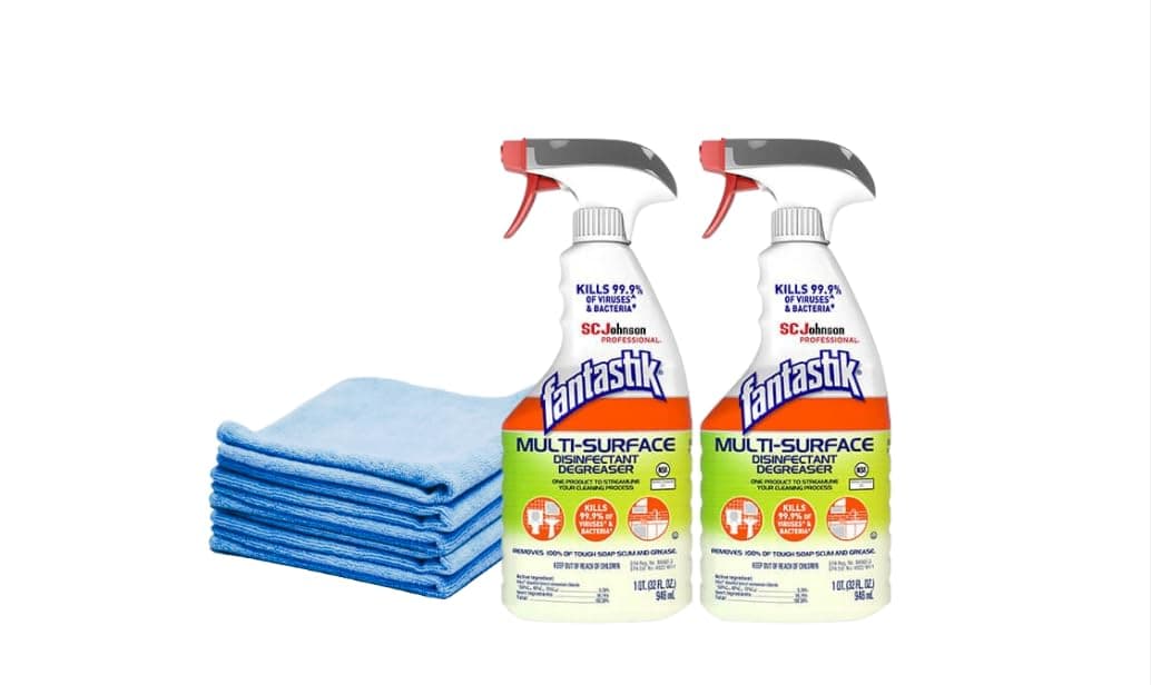 Fantastik All-Purpose Cleaner 32oz Trigger Spray Bottle, (2-pack), with 10-pack Blue Microfiber Cloths.