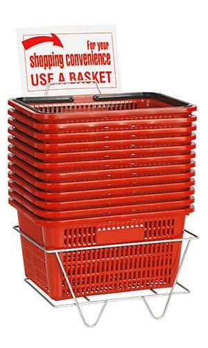 Red Shopping Basket 12 W x 17 L x 8 D Inches with Stand and Sign - Set of 12