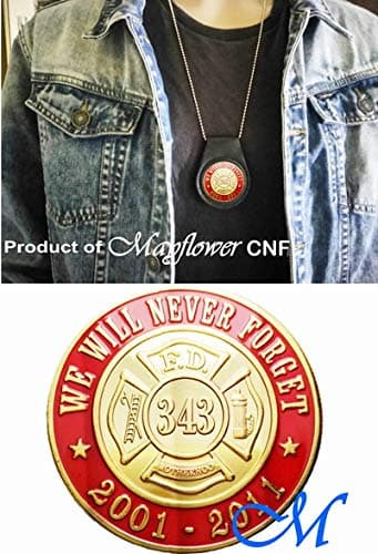 Mayflower CNF Coin &Leather Holder - We Will Never Forget Our Fallen Firefighters from 911 Terrorist Attacks - Salute to Our Heroes, United We Stand