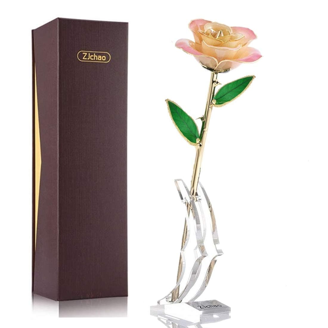 ZJchao(White-pink) - Gifts for Her, Long Stem Dipped 24k Gold Rose in Gift Box with Stand (White-pink Rose with Stand)