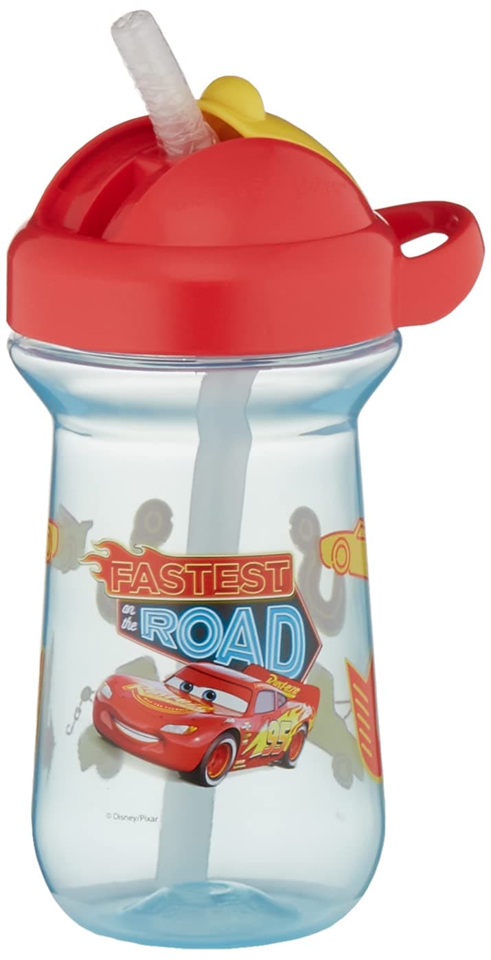 The First Years Disney/Pixar Cars Toddler Straw Cup - Spill Proof Flip Top Toddler Sippy Cups - 18 Months and Up - 10 Oz