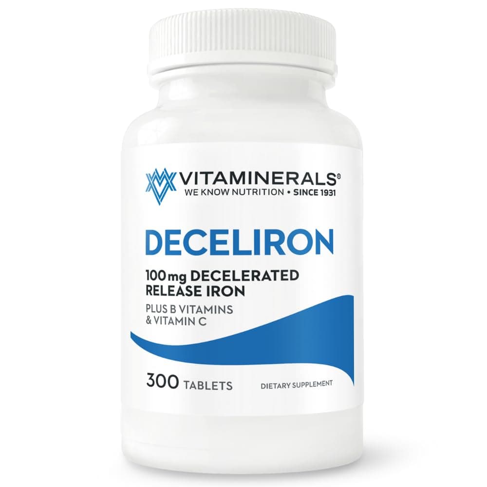 Vitaminerals Deceliron | 100mg Iron | B Vitamins | Vitamin C | Gentle Red Blood Cell Supplement | Non-GMO | Vegan, Gluten & Dairy Free | 300 Tablets