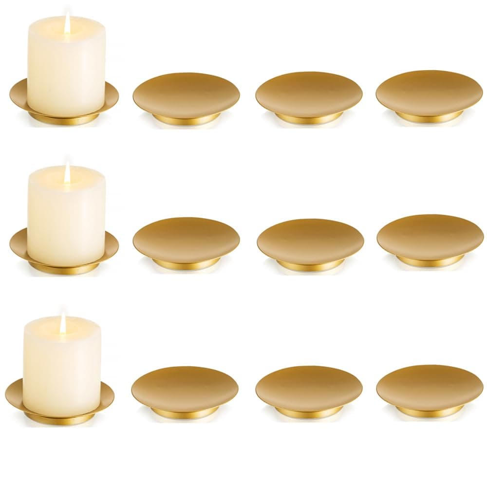 Gold Iron Plate Candle Holder - Inweder Candle Plate for Pillar Candles, Set of 12 Candle Tray, Candle Dish, Decorative Pedestal Candle Stand for LED & Wax Candles, Weddings, Party, Home Decor