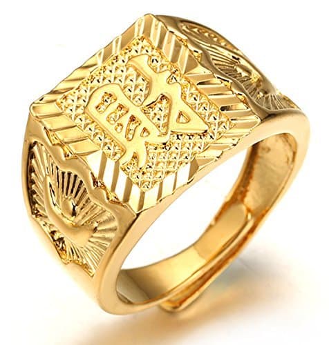 Halukakah ● Gold Segen Alle ● Herren 18k Echtes Gold/Platin Weißgold Überzogen Vergoldetete Kanji Ring REICH/GLÜCK/REICHTUM Set Größe Einstellbar mit Kostenloser Geschekpackung