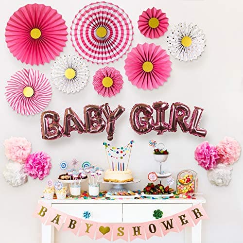 Partady Baby Shower Decorations for Girl – Pink and Gold Hanging Decorations Set with Paper Fans Kit, Banner, Tissue Pompoms Flowers and Balloons – Great Gift