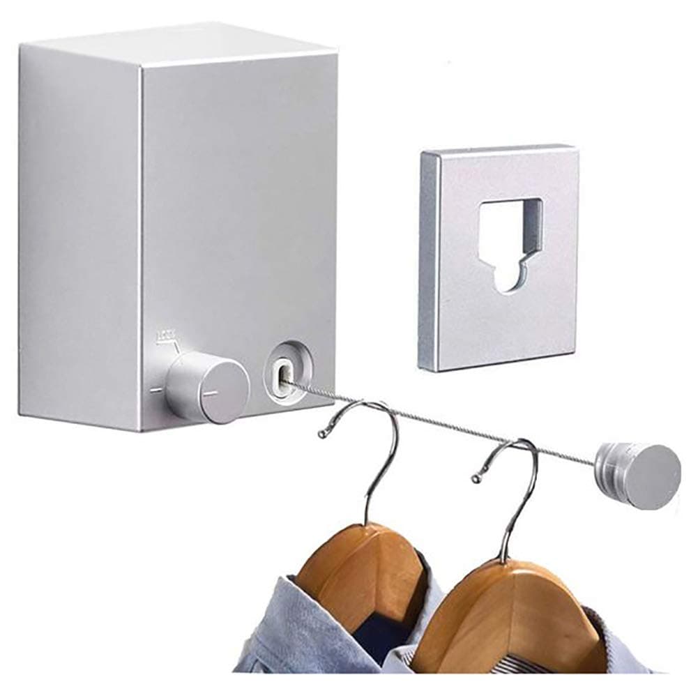 Retractable Clothesline Adjustable 13.8 Feets Stainless Steel Rope, Drill-Free & Wall Mounted Method Heavy Duty Clothes Dryer with Glue and Screws Suitable for Indoor/Outdoor(Silver)