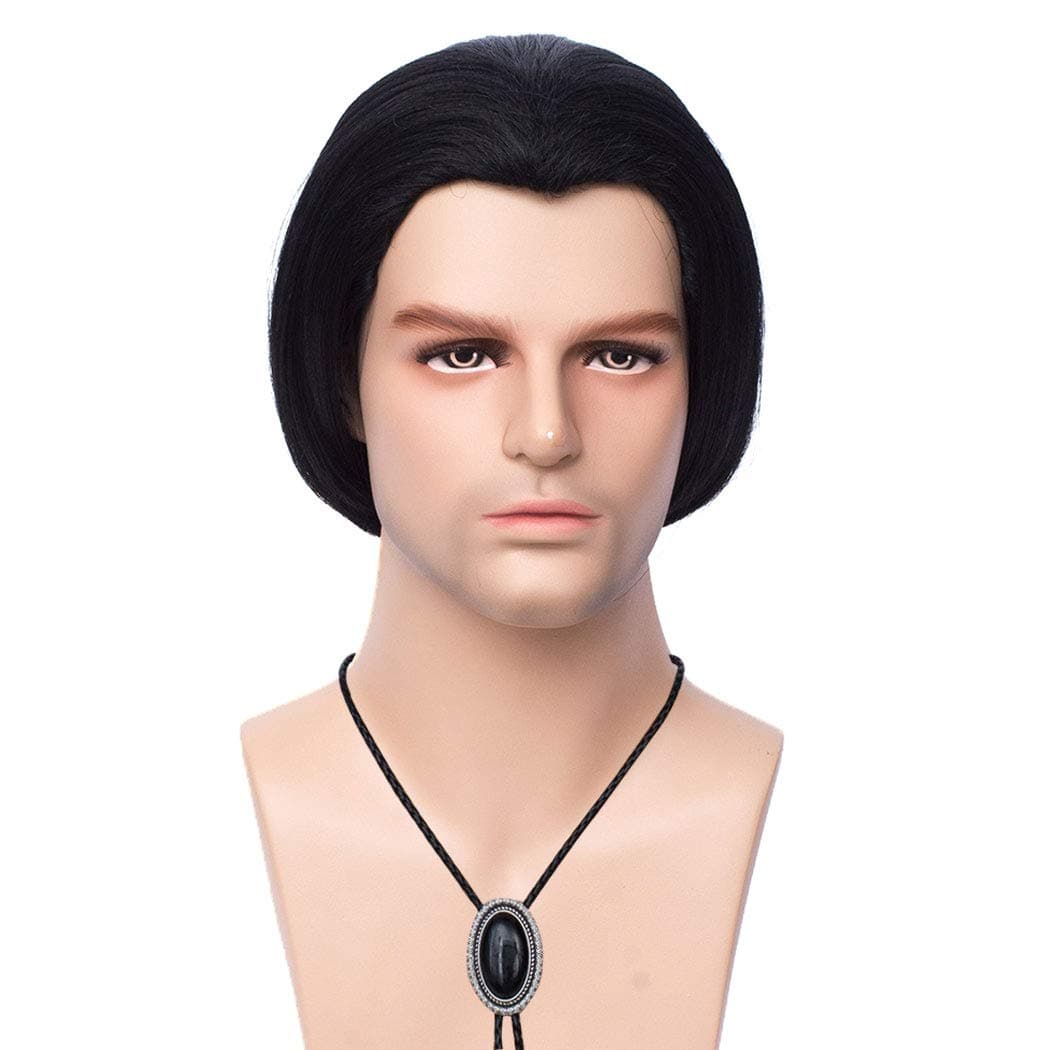 Short Straight Black Mens 70s Vintage Vincent Vega Costume Wig 80s Halloween Costume Party Fun Wig with 1 Bolo Tie
