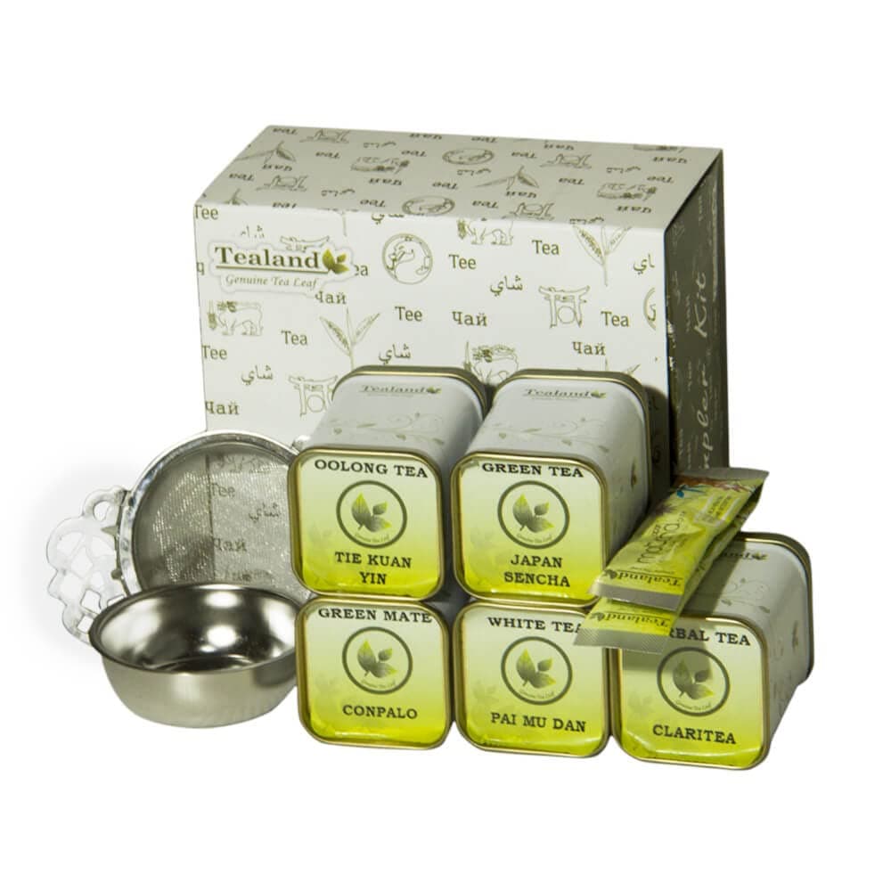 Tealand Sampler Kit - Slimming Kit With Tie Kuan Yin Japan Sencha Conpalo Pai Mu Dan Claritea in Tea sealed Can and 2 sachet of Matcha Exclusive Stainless Steel Strainer.