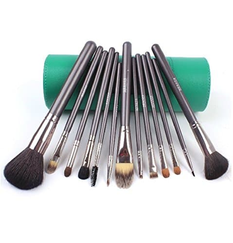 Megaga Makeup Brushes-Studio Quality Natural Cosmetic Brush Set with cup Holder Leather Case, 13 Count (Green)