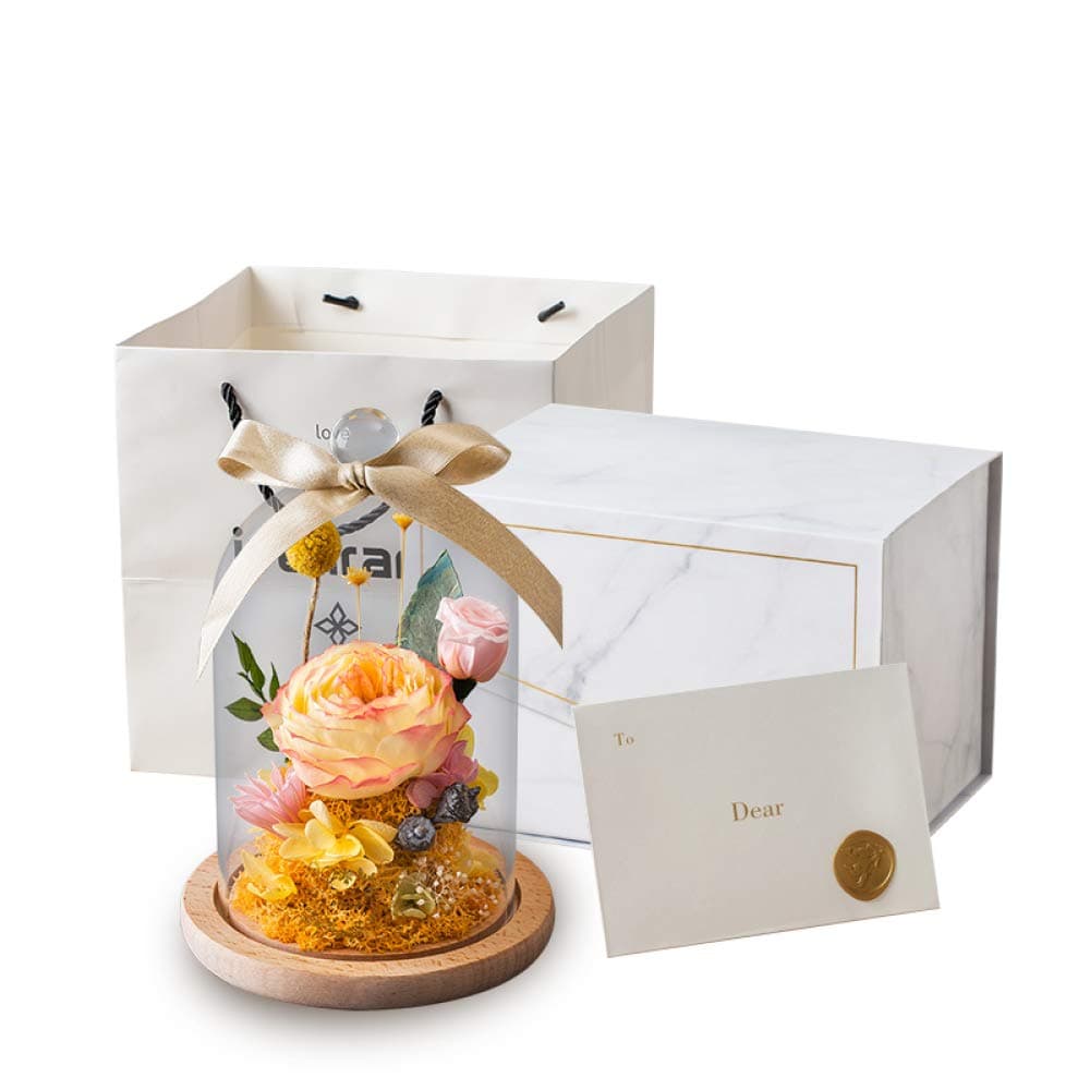 Handmade Live Forever Rose in Glass, Preserved Rose Flower Head Covered by Glass Dome As Gifts for Christmas (Yellow&Pink)