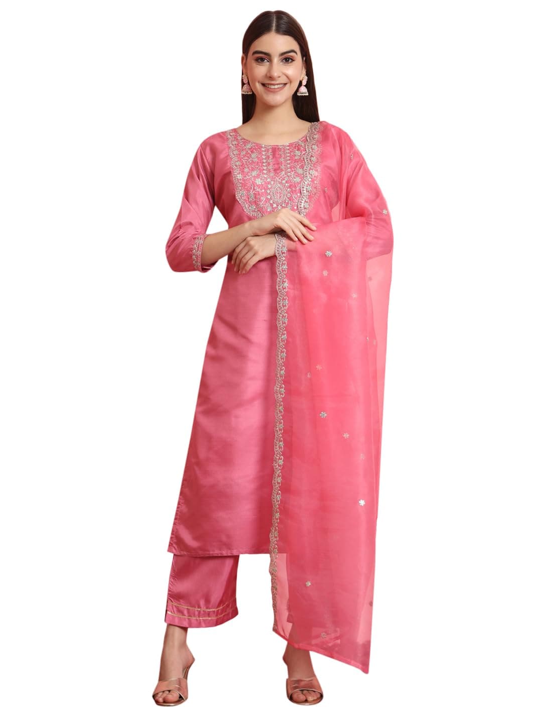 Women's Silk Blend Embroidered Kurta with Pant & Dupatta Set