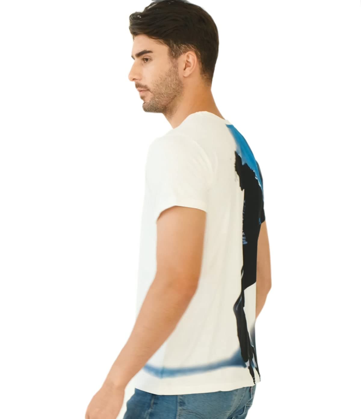 Men's Fashion HD White Printed T-Shirt Casual Short Sleeve (Blue, X-Small)