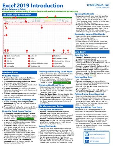Microsoft Excel 2019 Introduction Quick Reference Training Guide (Cheat Sheet of Instructions, Tutorial, Tips & Shortcuts - Laminated Card)
