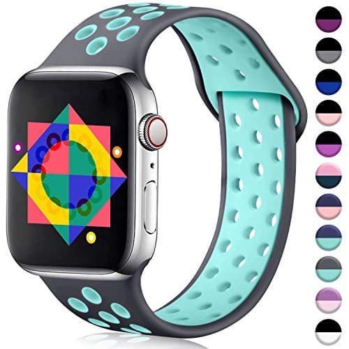 ilopee Sport Band Compatible with Apple Watch Series 5 40mm, Breathable Waterproof Sweat-Proof Wristbands Strap with Holes for iWatch 38mm Womens Men Series 3 2 1, Gray/Teal, S/M
