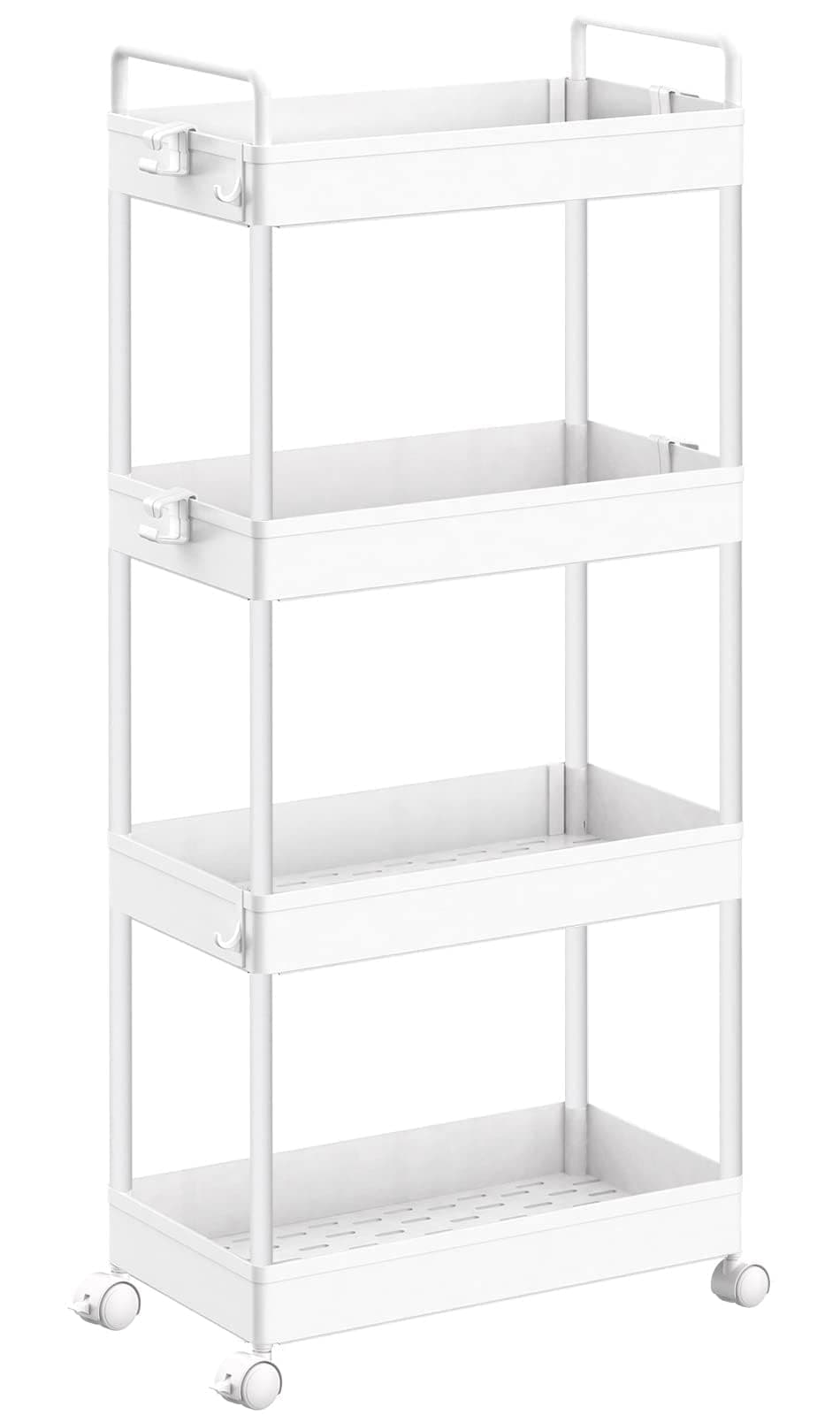SOLEJAZZ 4-Tier Storage Trolley Cart Slide-out Rolling Utility Cart Mobile Storage Shelving Organizer for Kitchen, Bathroom, Laundry Room, Bedroom, Narrow Places, Plastic, White