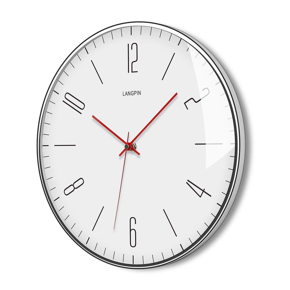 LANGPIN Silent & Non Ticking Modern Quartz Wall Clock 14"- Battery Operated Digital Quiet Sweep Office Decor Clocks,Chrome Coated Metal Frame Glass Cover 903-3