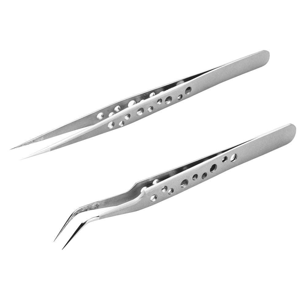 Volume and Individual Eyelash Extension Tweezers, 9 Holes Professional Stainless Steel Precision Tweezers Set - Straight and Curved Pointed Tweezers for Eyelash Extension Supplies Tool by OBEYA