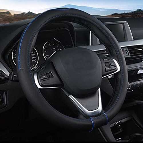 SHIAWASENAAuto Car Steering Wheel Cover, Universal 15 Inch Fit, Soft Leather, Breathable Anti Slip (Black&Blue)
