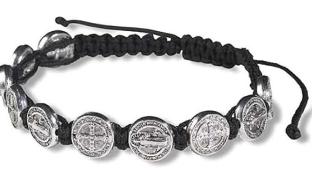 CB Silver Tone Saint Benedict Medal on Adjustable Black Cord Wrist Bracelet, 8 Inch