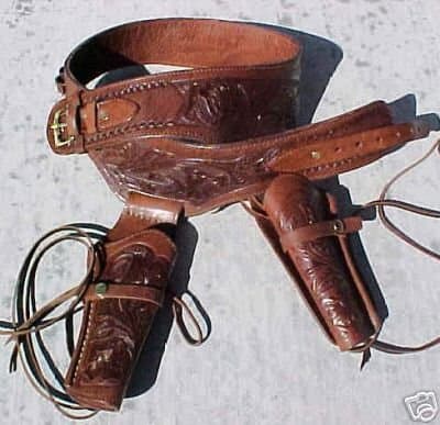 Brown Genuine Leather Double Western GUNS4US Holster Cowboy SASS Single Action Tooled 44-45 Cal LC Ammo Loops