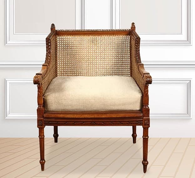 APRODZ French Cushioned Living Chair with Cane (Teak Wood,Brown)