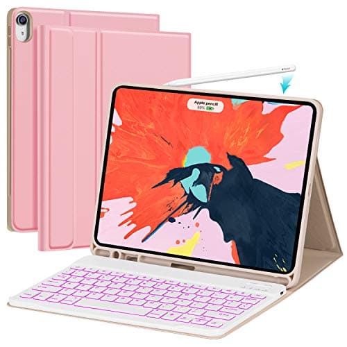 iPad Pro 11 Case Keyboard 2018 with Pencil Holder - Detachable Wireless 7 Color Backlit Keyboard- Slim Anti-Scratch PU Leather Case- Support Apple Pencil 2nd Gen Charging