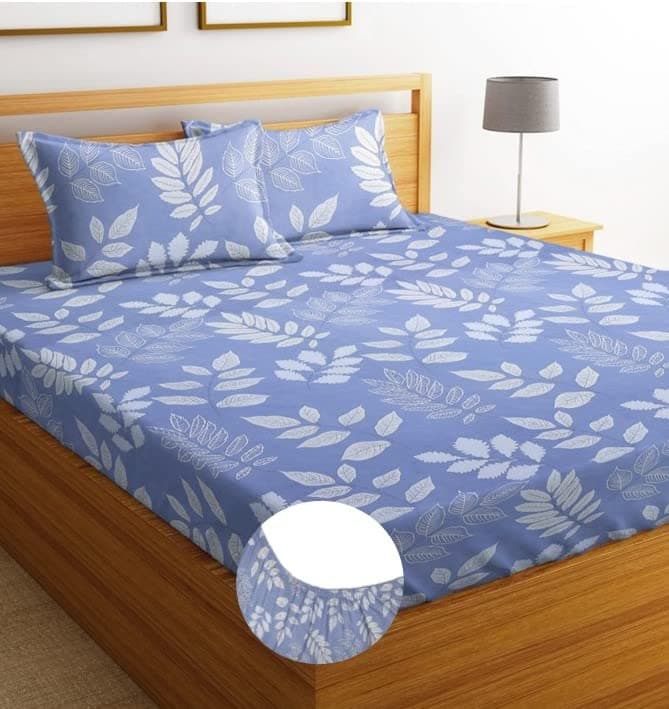 BSB Home Premium Cotton Elastic Fitted Floral Bedsheets with 2 King Size Pillow Covers | Double Bed with All Around Elastic 180 TC Supersoft | (72"x78",White & Light Blue)