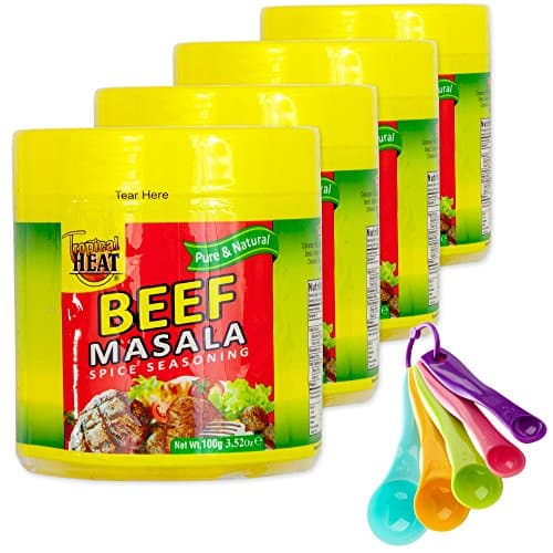 Beef Masala Gourmet Collection Seasoning Spices Gift Set | All Pure & Natural Cooking Flavor. No MSG Added | 4 Bottles & Free Measuring Spoons Set | Tropical Heat (Beef)