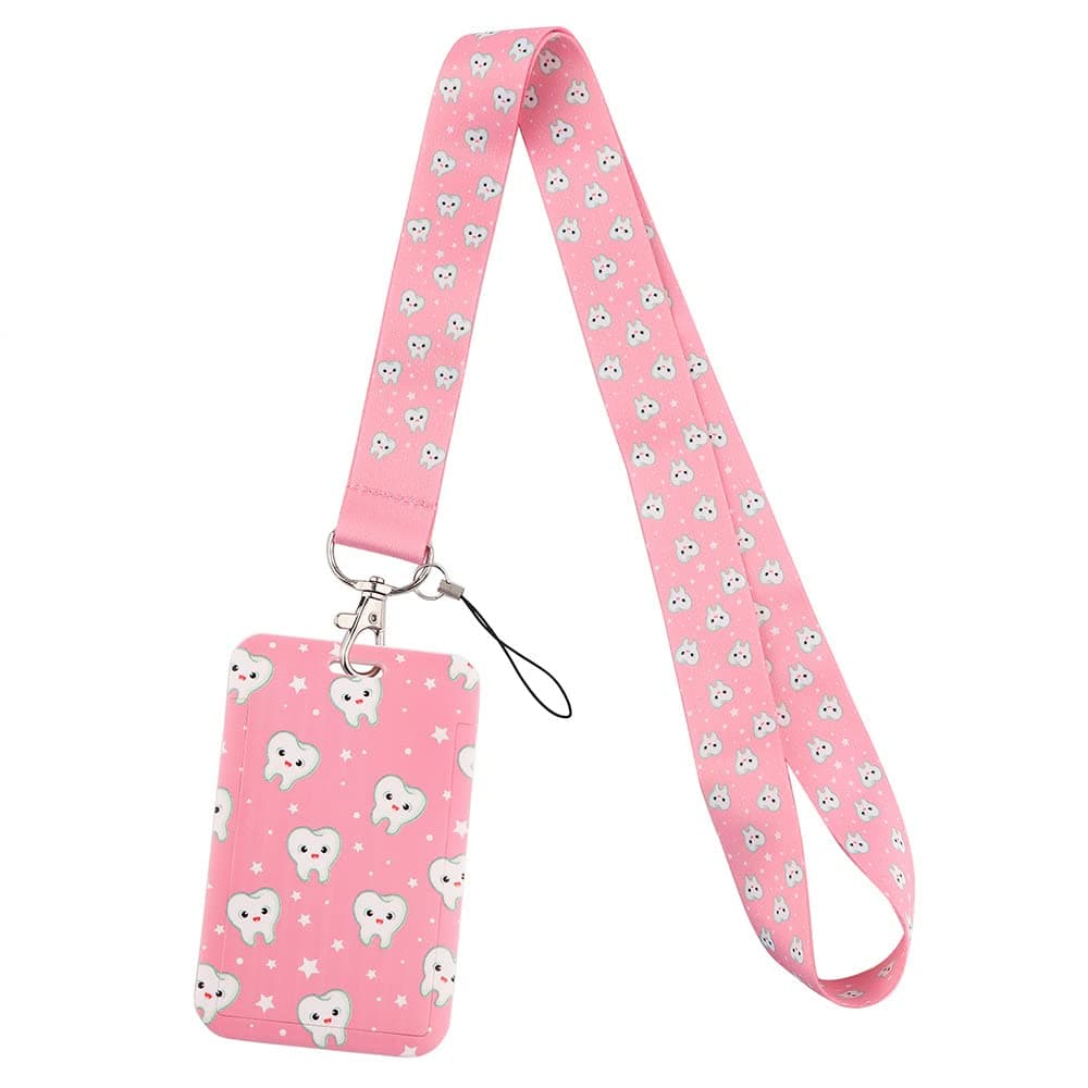 Cartoon Lanyard ID Holder Kawaii Key Card Cute Badge Holder with Lanyards for Girls Women Gift (Pink)