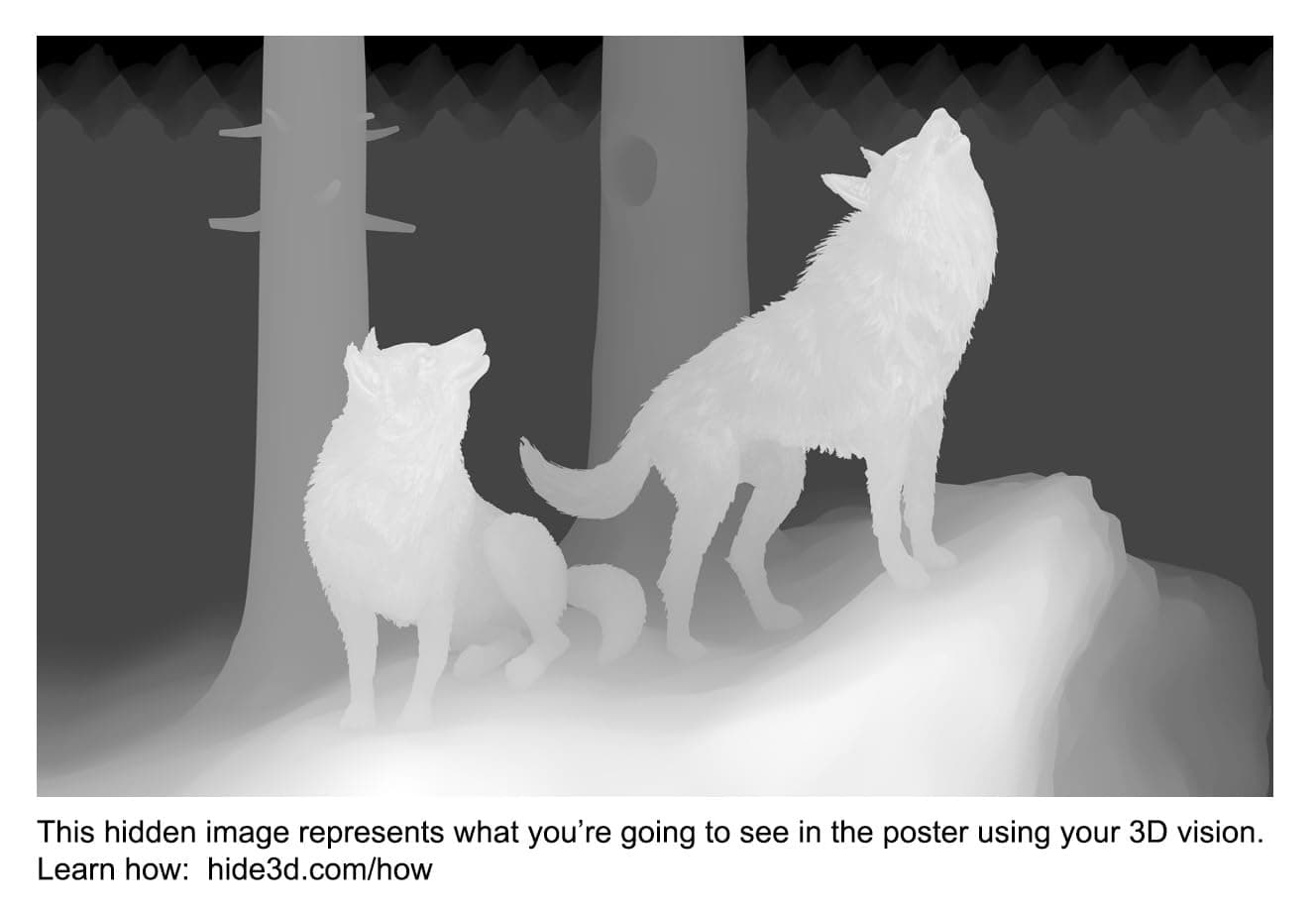 Mountain Song – 24x16 Hidden 3D Stereogram Poster, Winter Wolves Wall Art